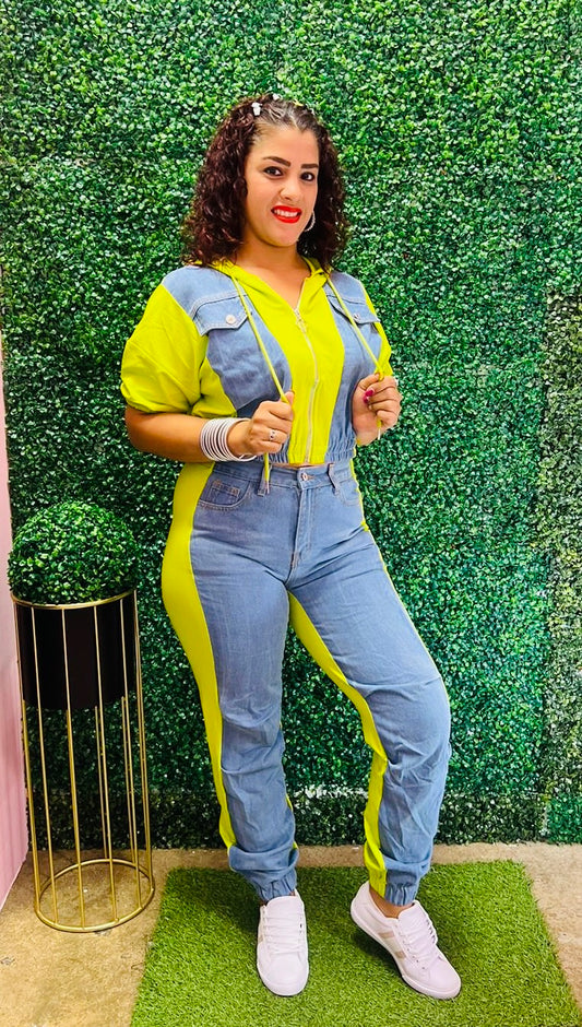 Two Pieces Set insert denim on top and pant D-981-C